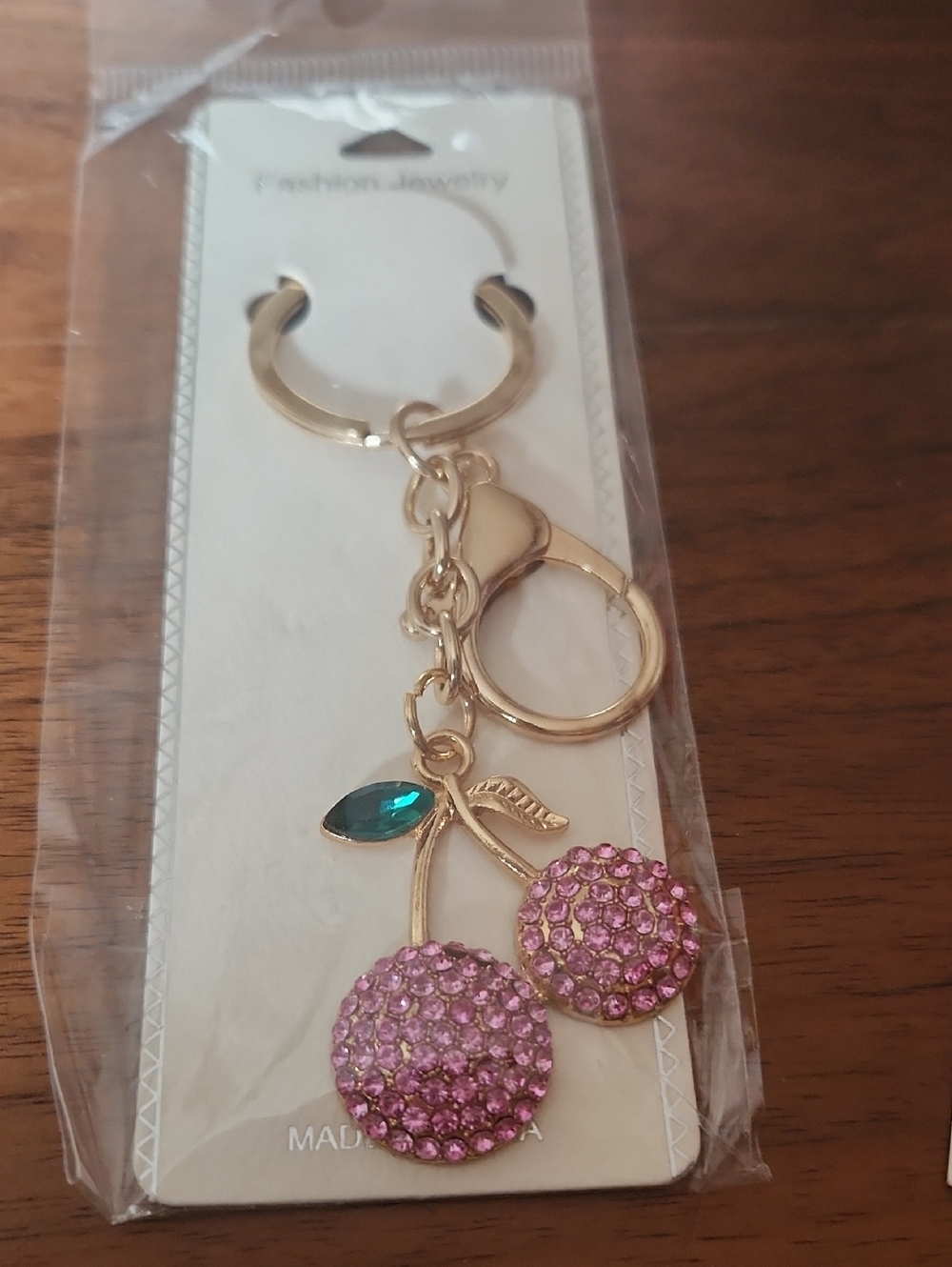 Fashion to Figure Gold Cherry Keychain with Pink and Green Crystals